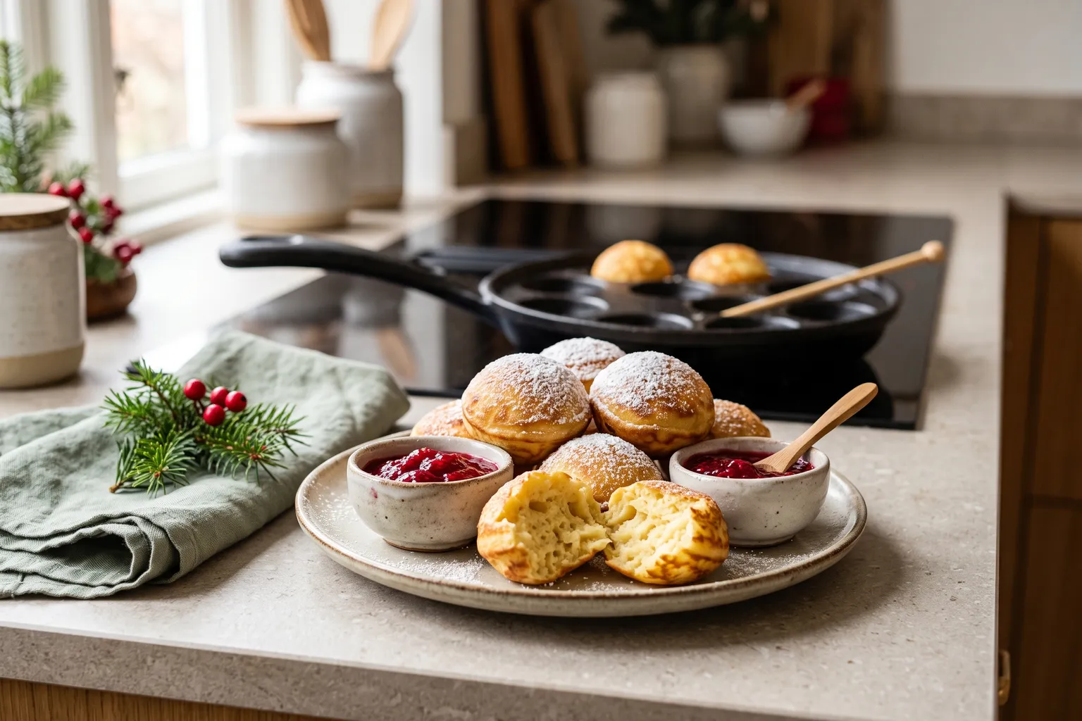 Tallerken med æbleskiver drysset med flormelis og syltetøj, en æbleskivepande i baggrunden