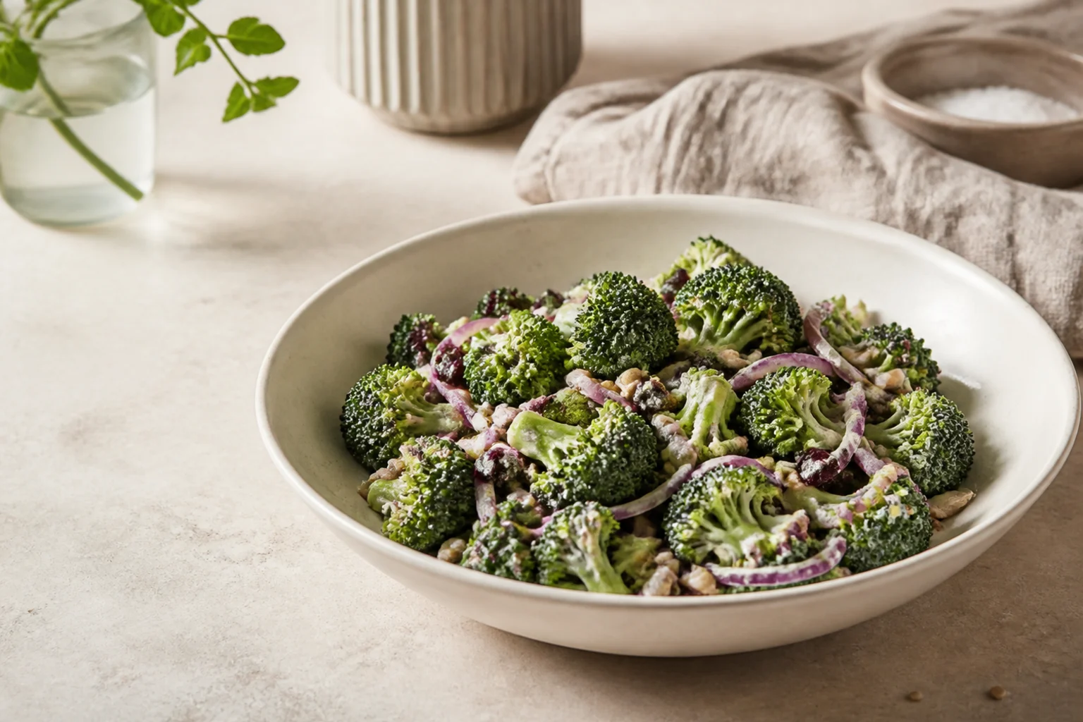 Broccolisalat serveret og klar