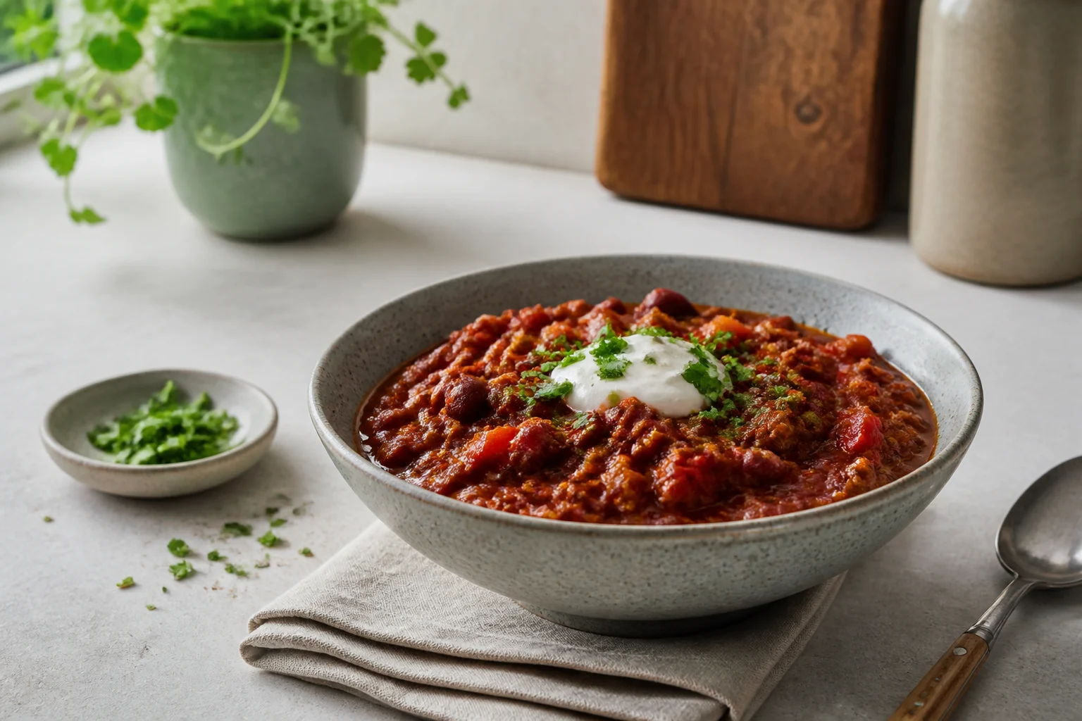 Chili con carne anrettet og klar til servering