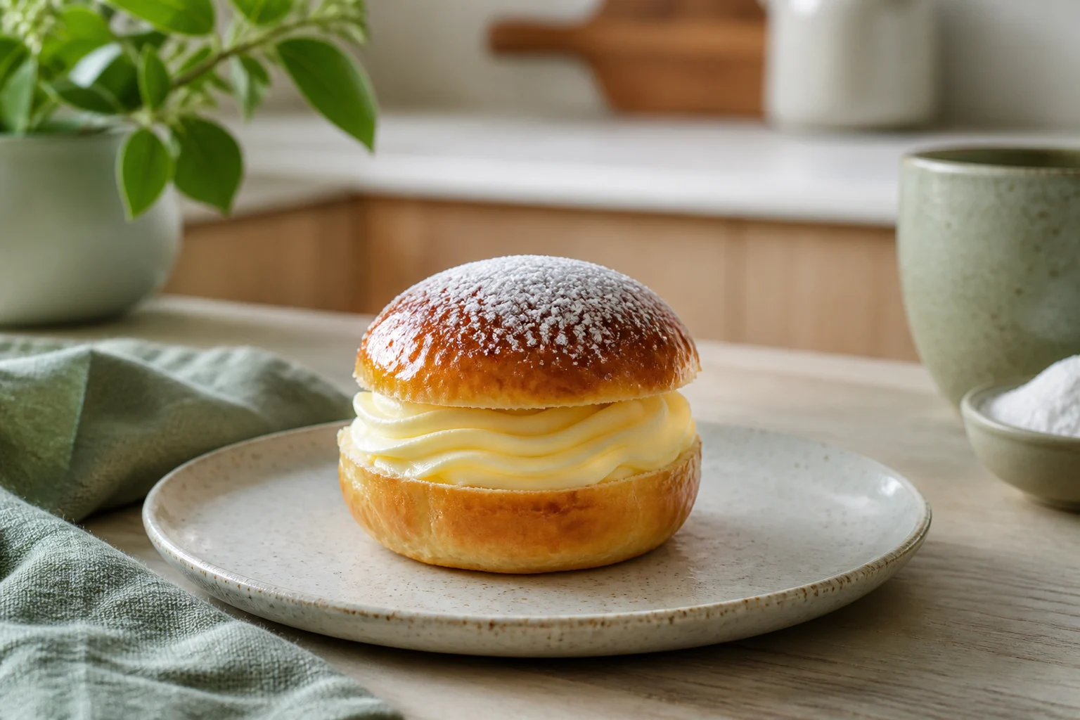 Fastelavnsboller med creme anrettet og klar til servering