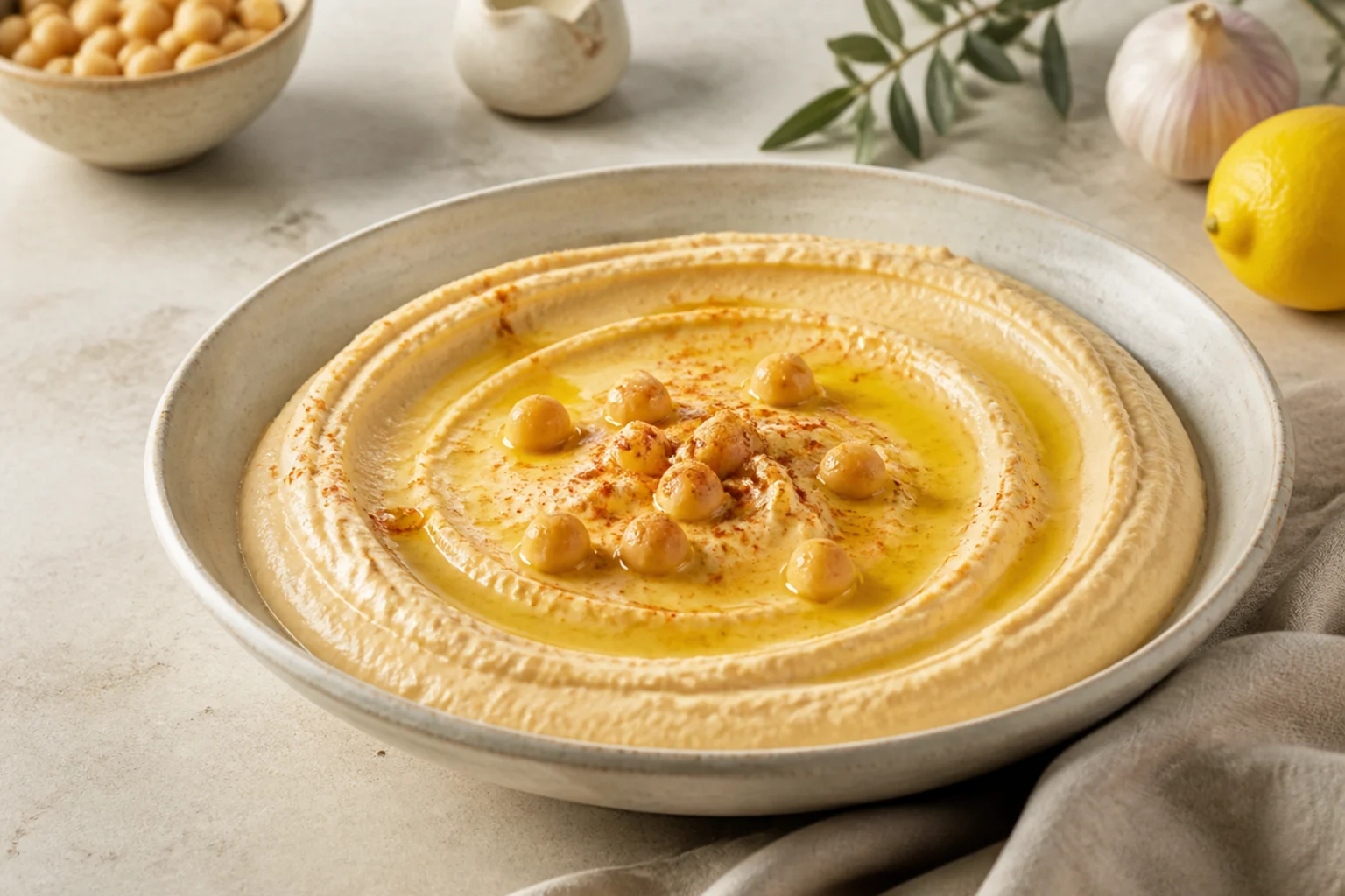 Cremet hummus serveret og klar