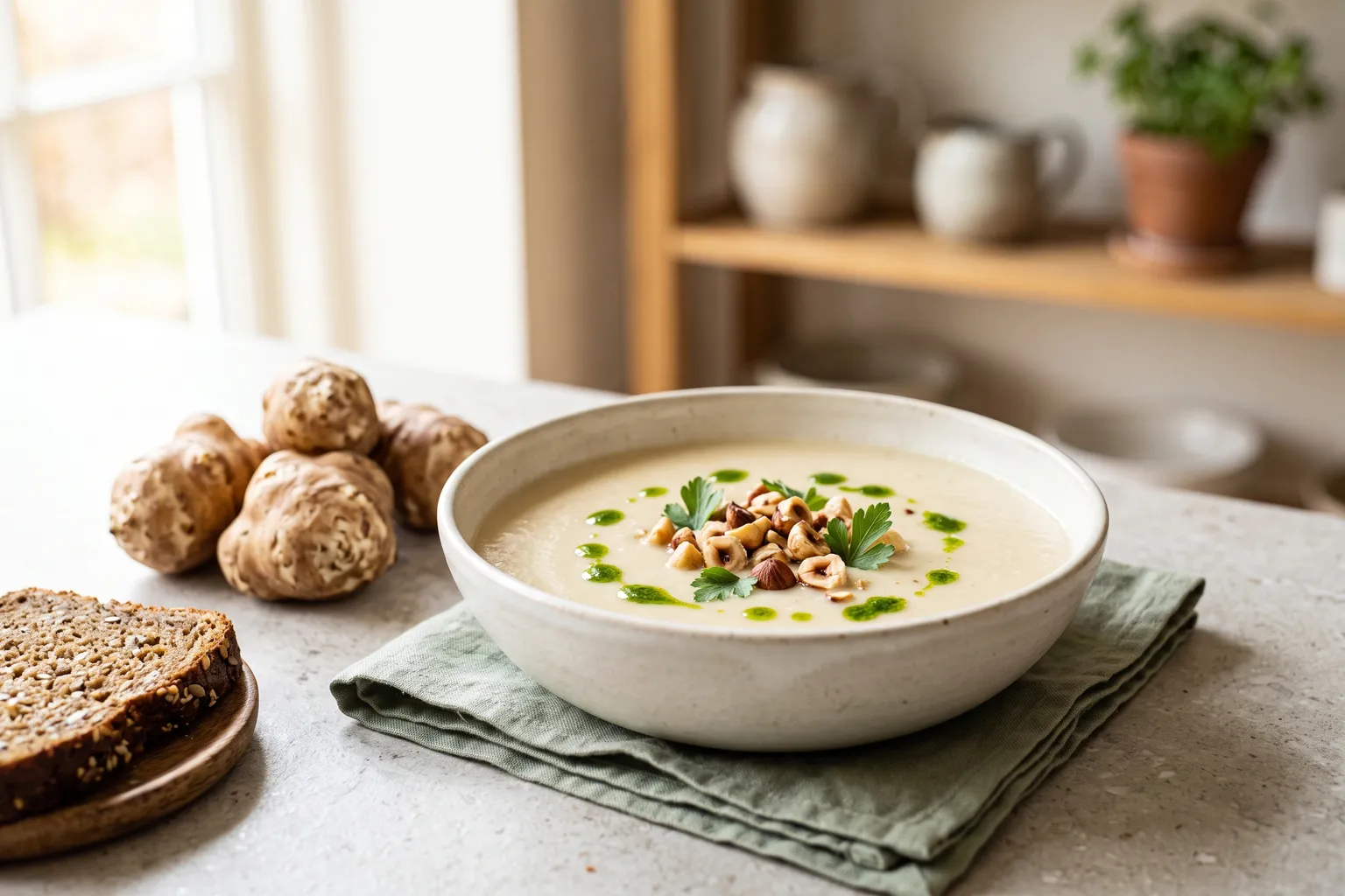 Skål med glat, lys jordskokkesuppe toppet med ristede hasselnødder, persilleolie og persille, rå jordskokker og rugbrød ved siden af
