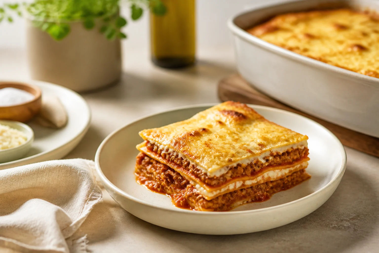 Klassisk lasagne serveret og klar