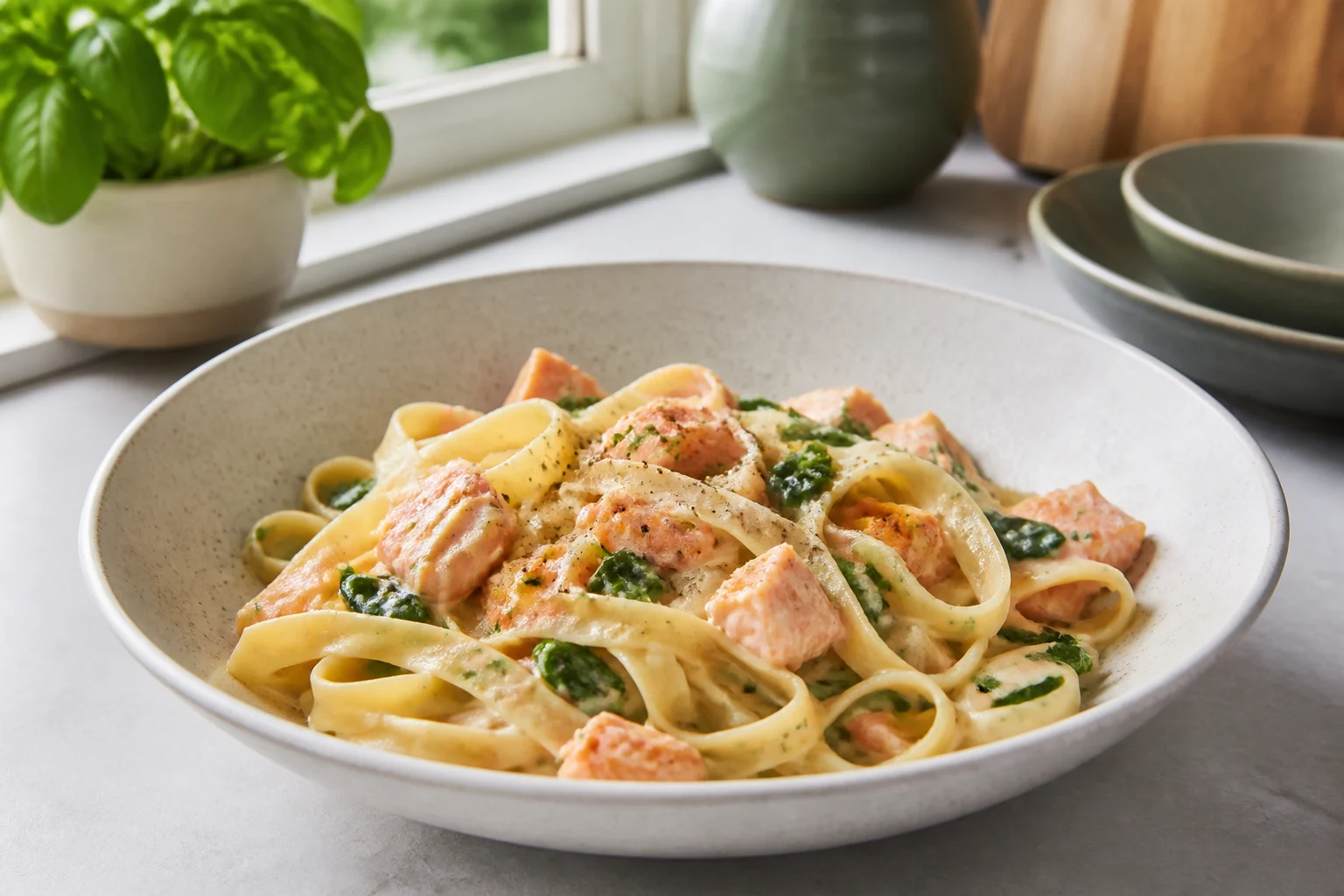 Pasta med laks anrettet og klar til servering