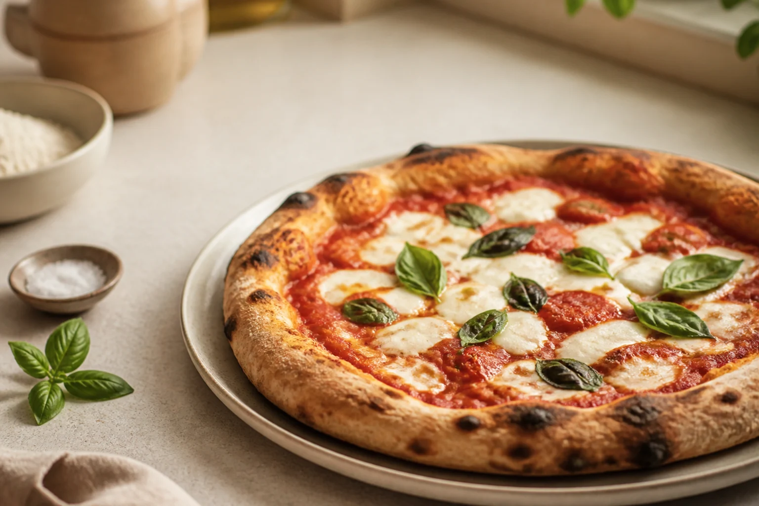 Pizzadej med koldhævning serveret og klar