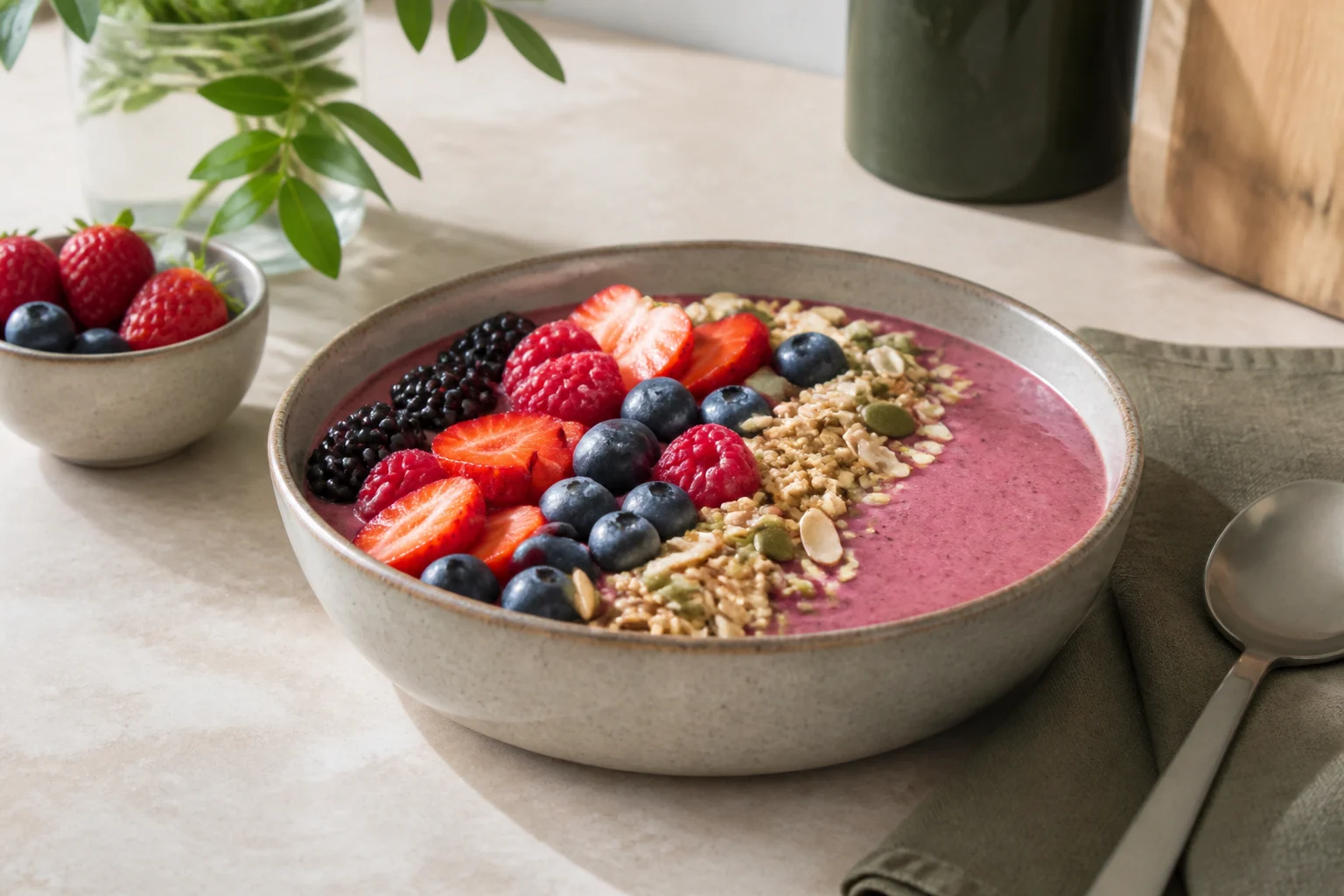 Smoothie bowl med bær anrettet og klar til servering