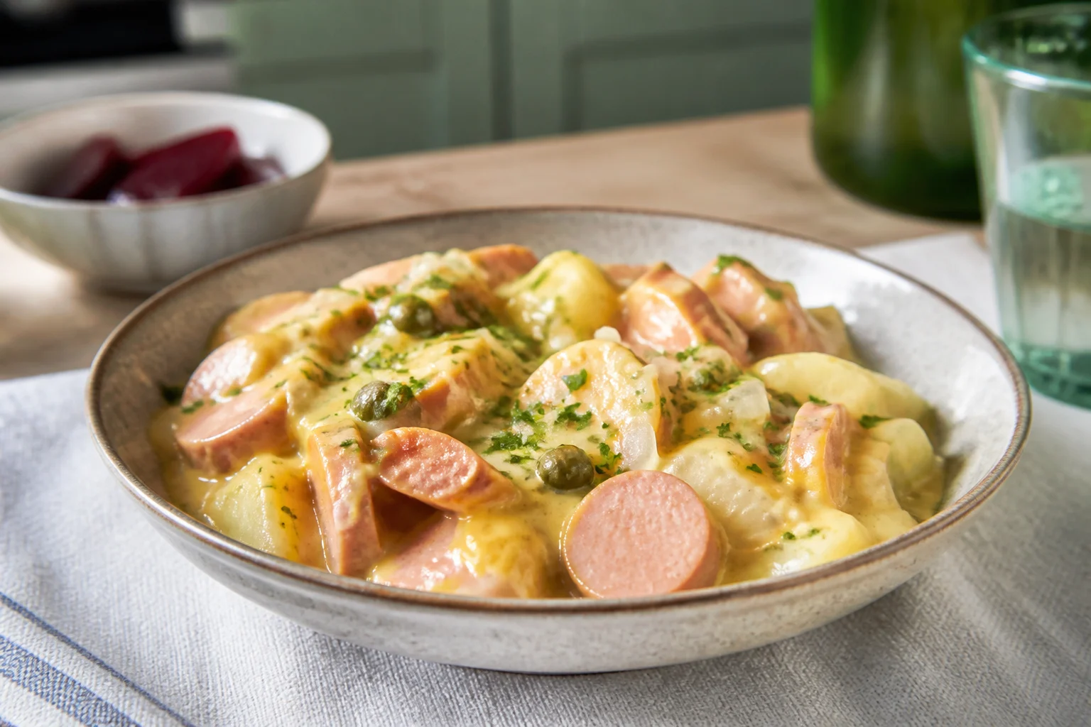Svensk pølseret anrettet og klar til servering